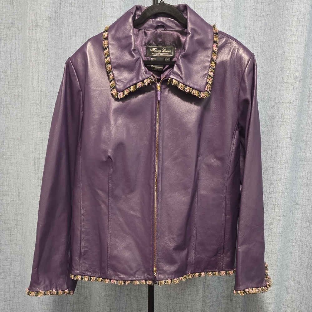 Chic and Sophisticated  Purple Leather Jacket with Fringe byTerry Lewis Classic